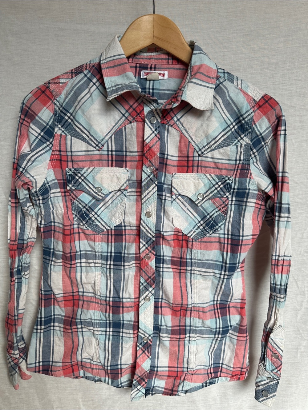 True Religion Red and Blue Plaid Pearl Snap Western Shirt 100% Cotton Women’s M
